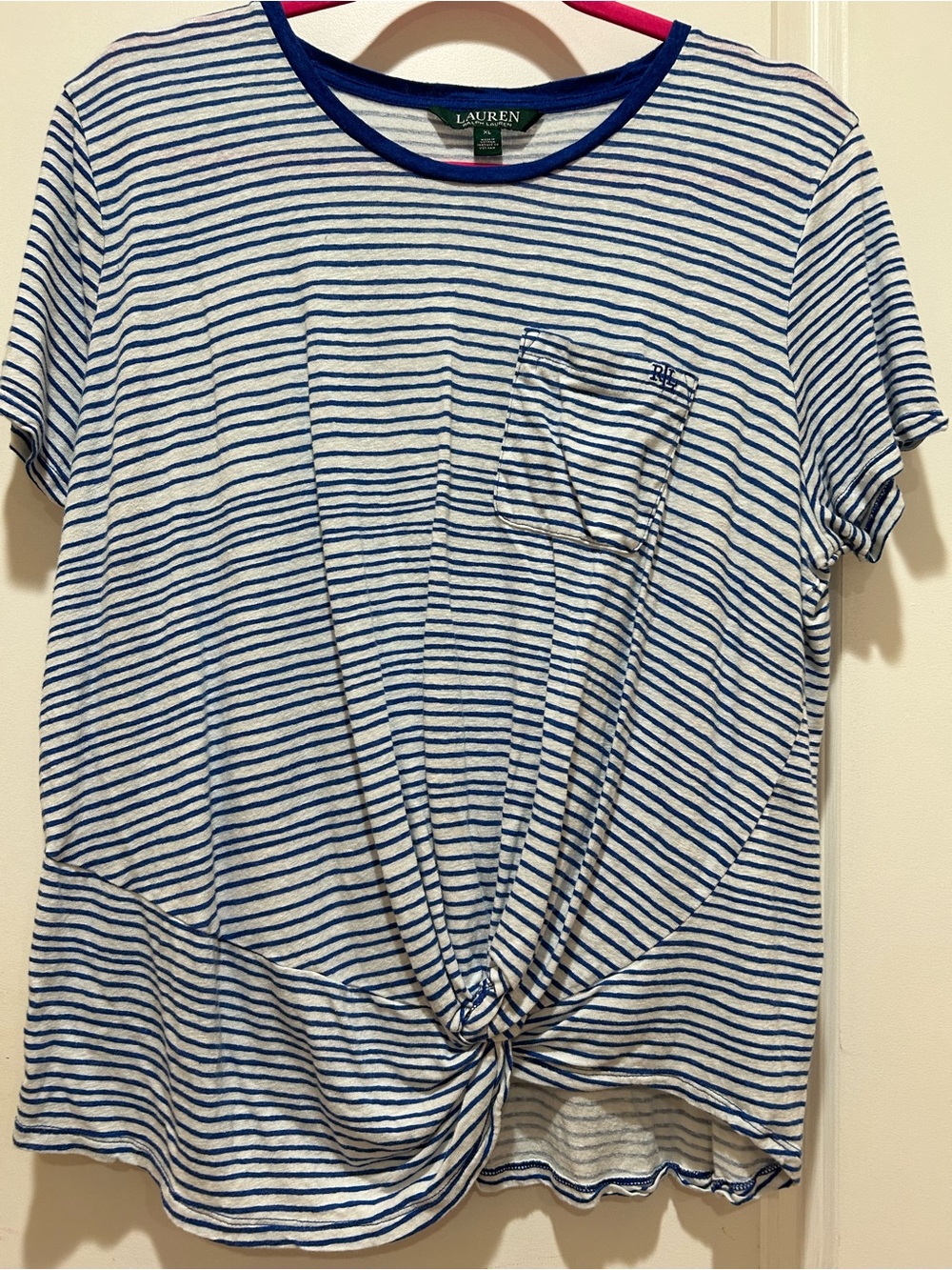 Lauren Ralph Lauren White and Blue Striped Knot-Front Pocket Tee
